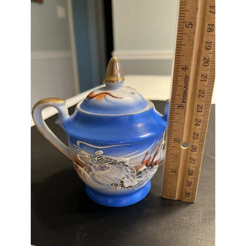 Vintage Dragonware Moriage Blue White Coffee Tea Pot Sugar Creamer Set